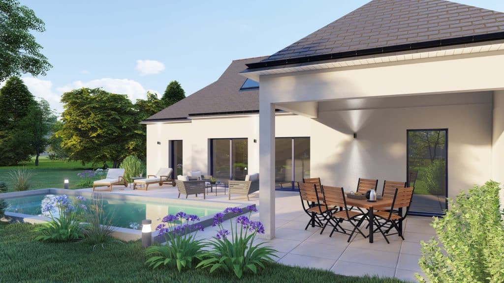 Vue de la façade arrière de la maison plain-pied à Pontivy, avec terrasse aménagée, espace repas extérieur et piscine, entourée de végétation.